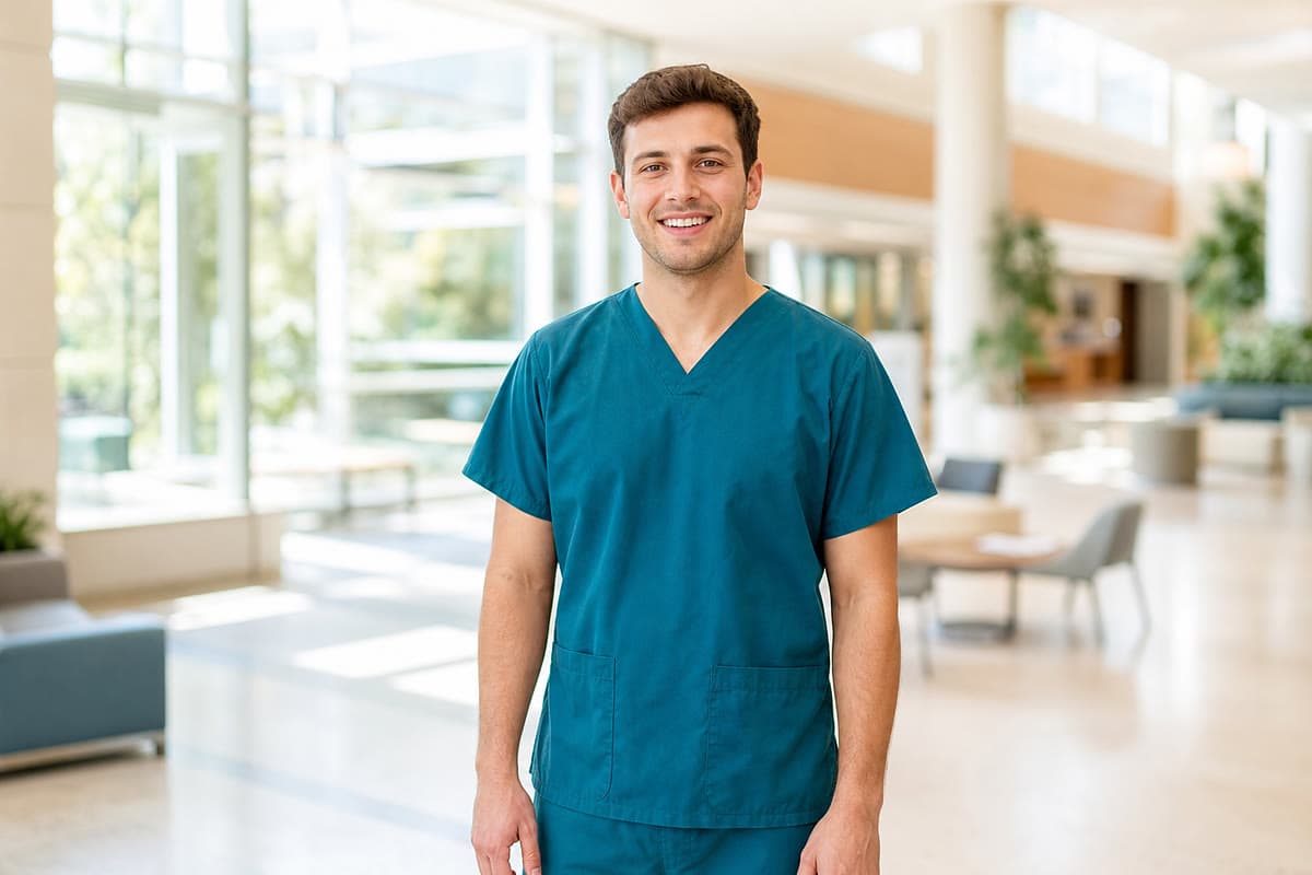Junger Pflegefachmann in einer hellen Klinik