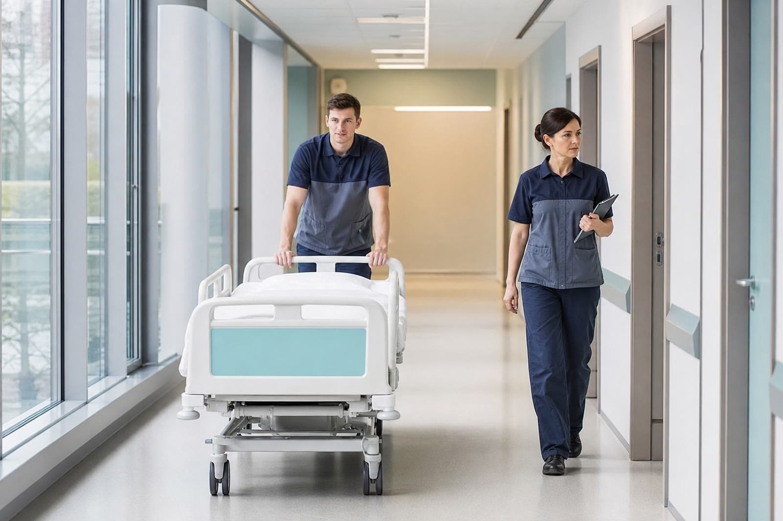 Mitarbeitende der Krankenhauslogistik transportieren ein Patientenbett durch einen Klinikflur