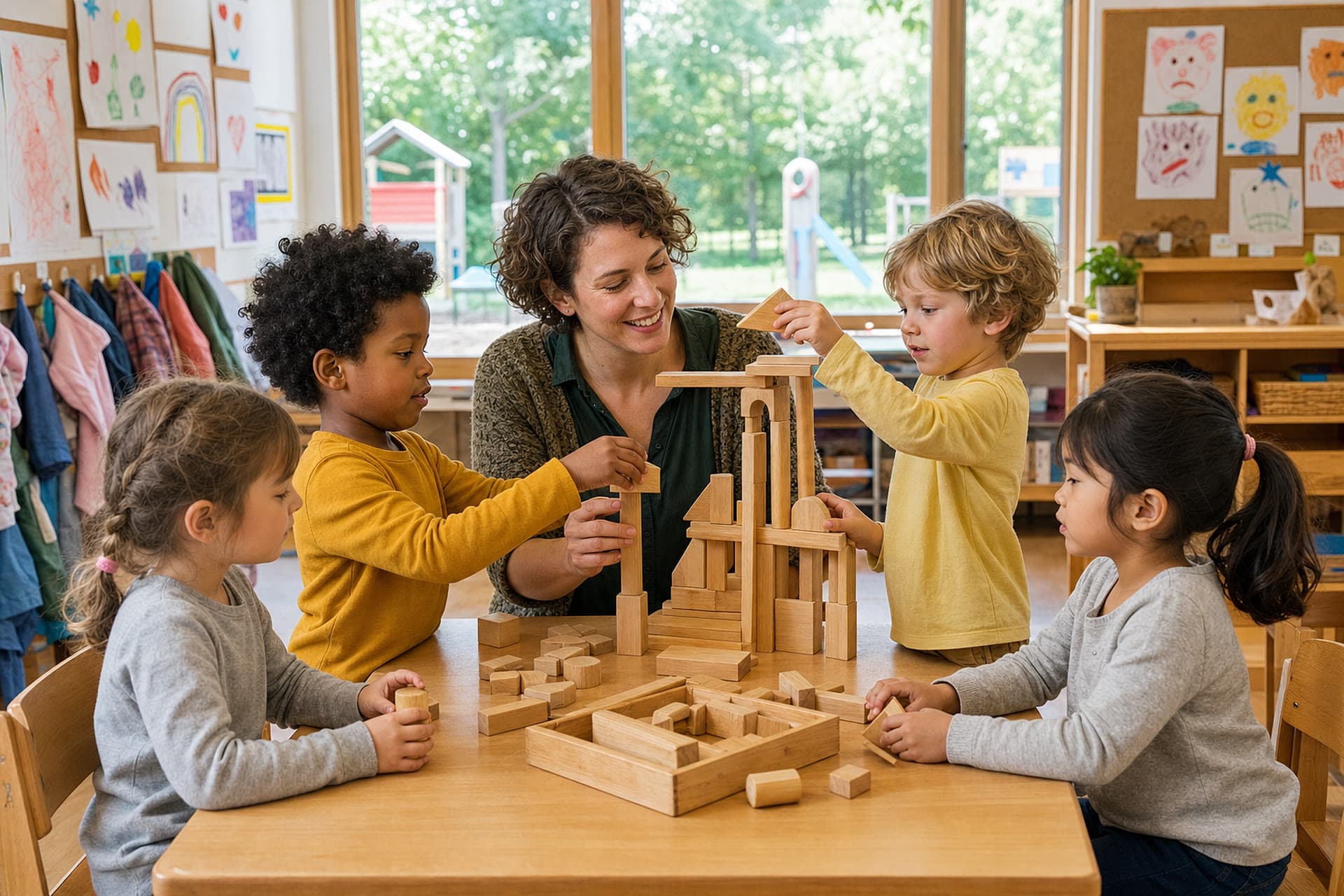 Erzieher bastelt gemeinsam mit drei Kindern an einem Tisch in der Kita